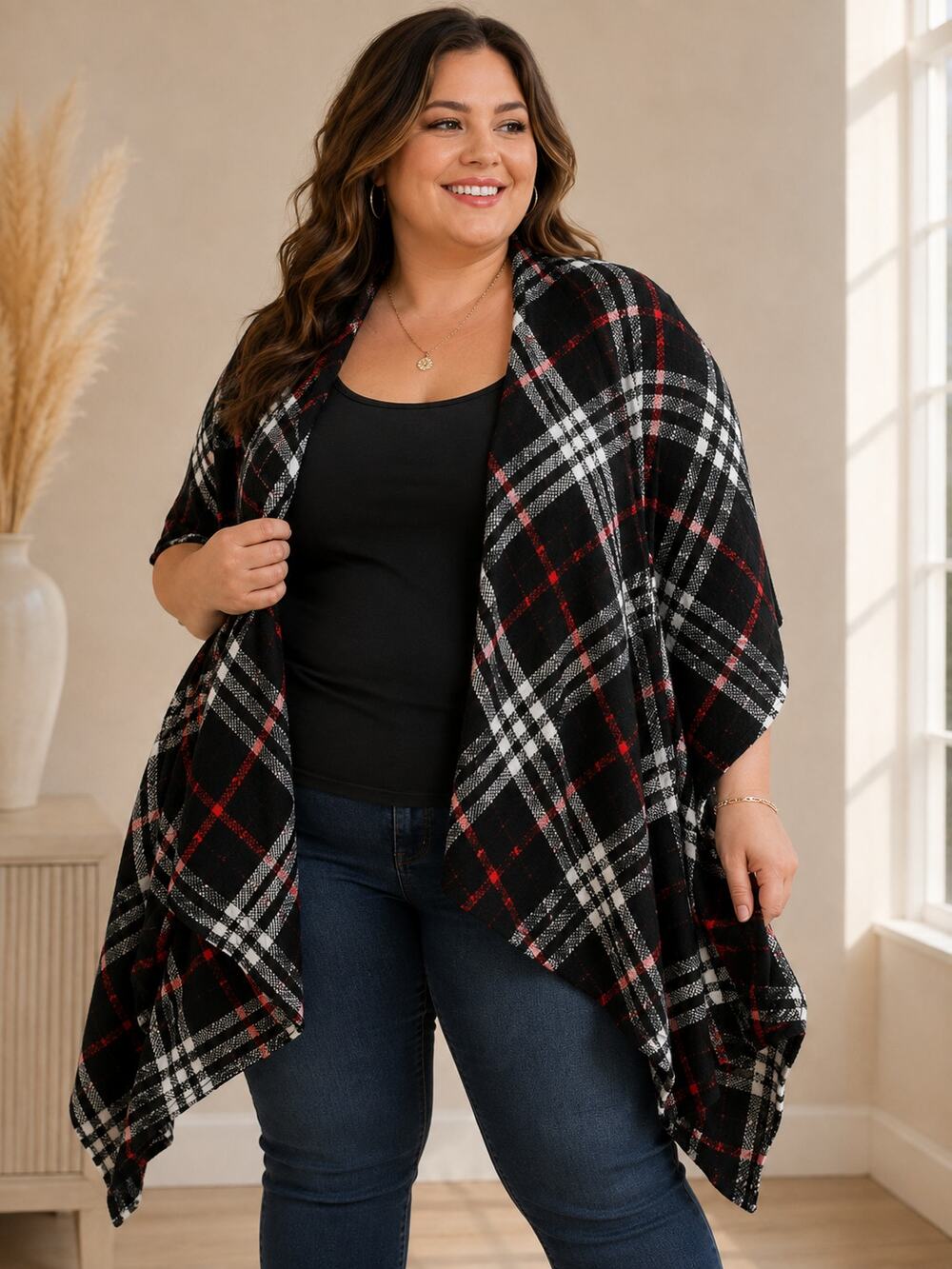 Shein Curve 3XL Black White Red Plaid Open Front Cardigan